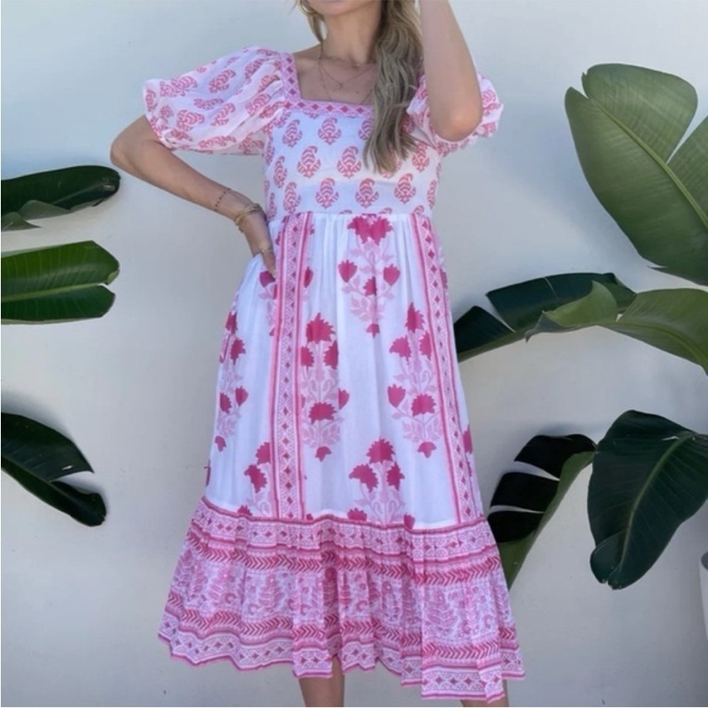 Tuckernuck Oliphant Puff Sleeve Midi Dress in Jaipur Pink & White NWT Size XS
